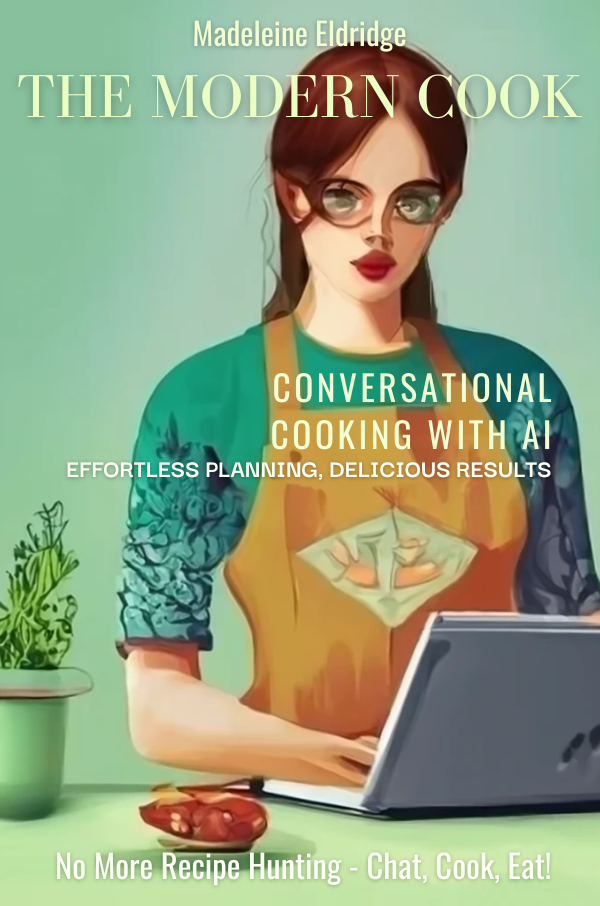 Book Cover - image of a impressionistic painting of a girl in an apron typing to her AI chatbot on her laptop in the kitchen